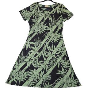Bamboo Forest Womens Large Dress Leaves Knee Length Black Green Fit & Flare